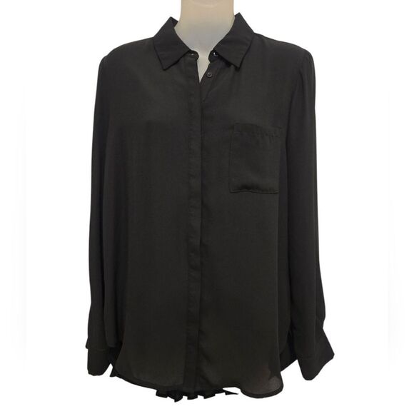 Pleione Tops - Pleione High Low Black Long Sleeve Button Up Blouse With Back Pleated Detail